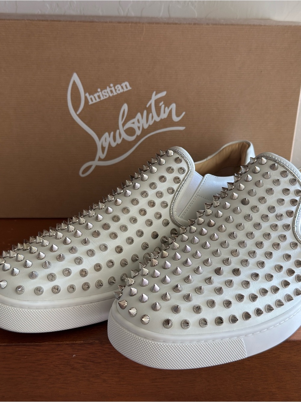 Christian Louboutin White Leather Spike Slip-On Sneakers